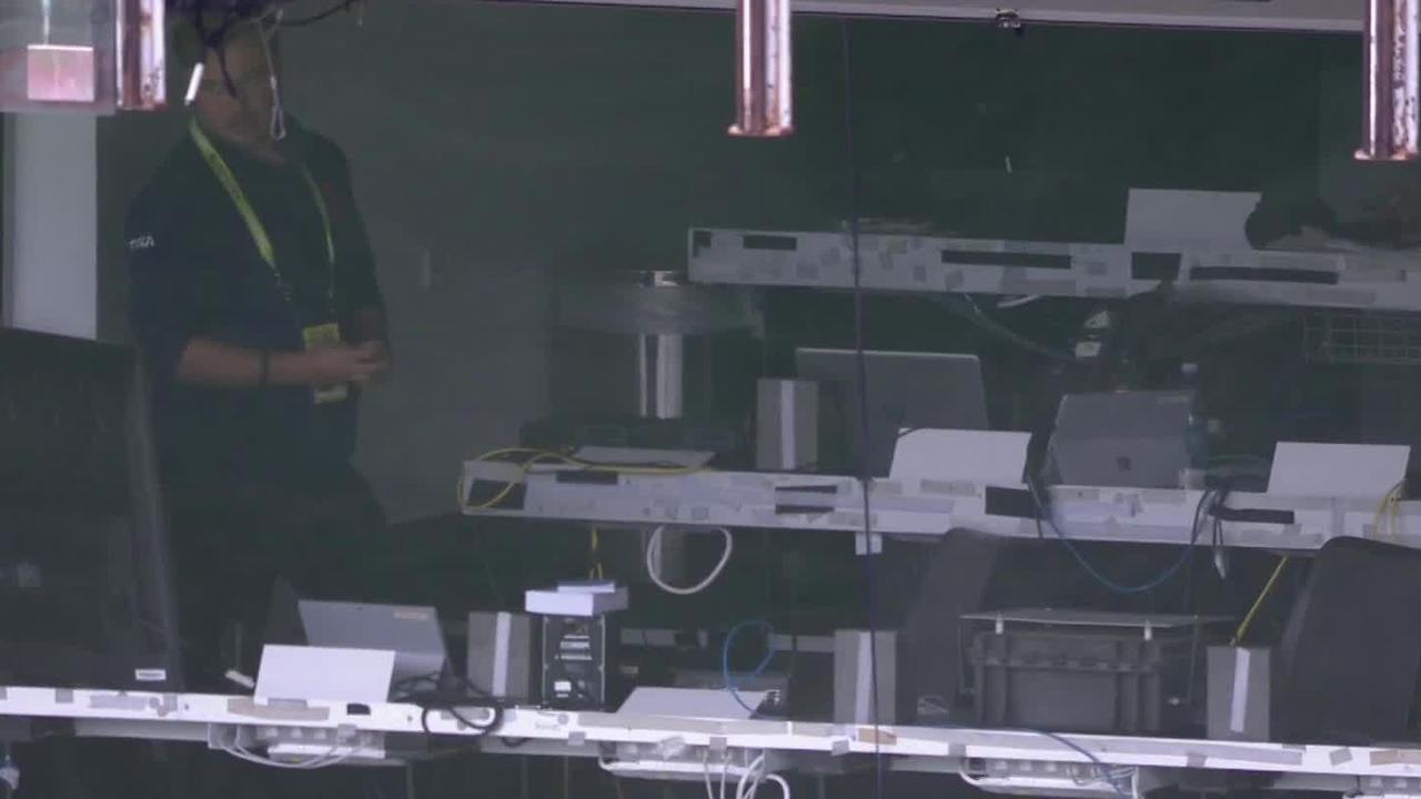 On-field umpires were later informed Illingworth was stuck in a lift. Picture: Fox/X
