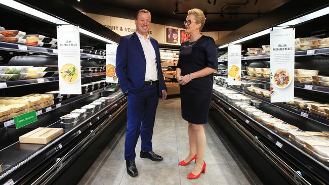 BP Australia's vice president of sales and marketing, Brooke Miller, with David Jones managing director of food, Pieter de Wet, in the David Jones food hall in Malvern. Picture: Aaron Francis