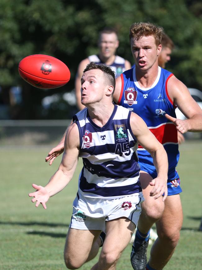 Lachlan Fanning keeps his eye on the ball in the AFL Cairns seniors match between Centrals Trinity Beach Bulldogs and Port Douglas Crocs, held at Crathern Park, Trinity Beach. Picture: Brendan Radke