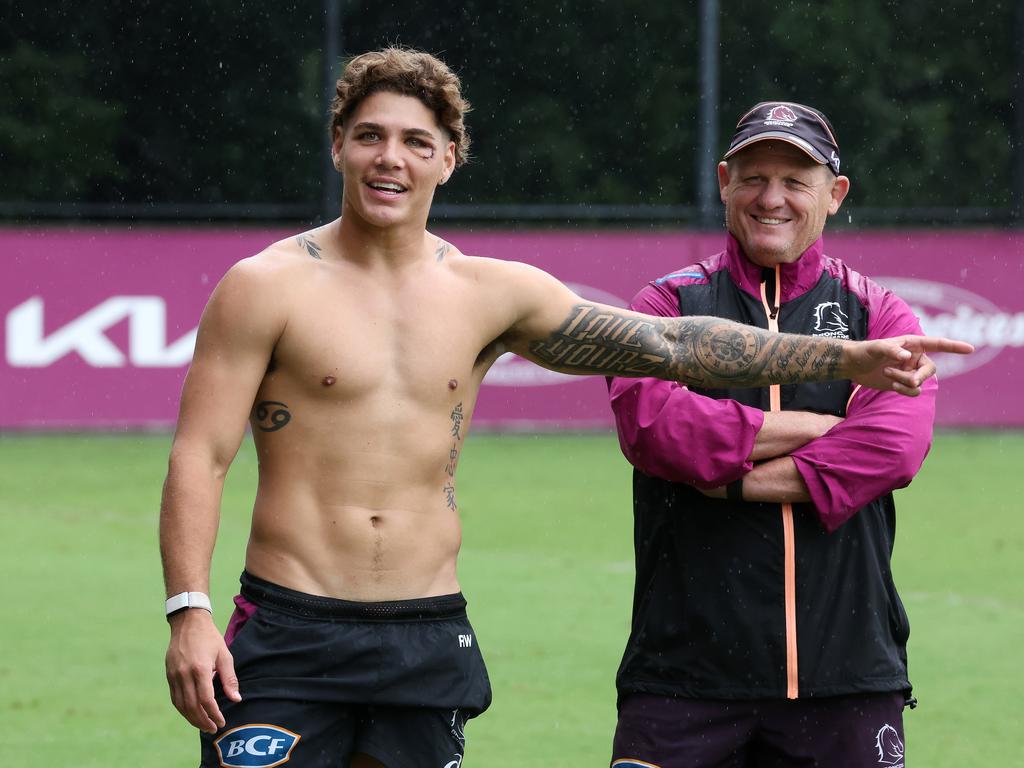 Coach Kevin Walters and Reece Walsh at Brisbane Broncos training, Red Hill. Picture: Liam Kidston