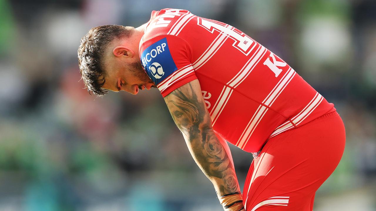 CANBERRA, AUSTRALIA - APRIL 16: Jack Bird of the Dragons looks dejected after defeat during the round seven NRL match between Canberra Raiders and St George Illawarra Dragons at GIO Stadium on April 16, 2023 in Canberra, Australia. (Photo by Mark Metcalfe/Getty Images)