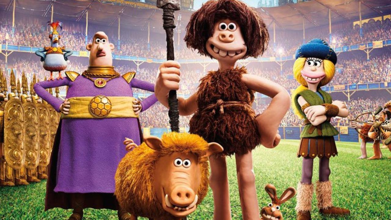 Lord Nooth, (Tom Hiddleston), Hognob, Dug, (Eddie Redmayne) and Goona, (Maisie Williams). Aardman Animations, the team behind Wallace and Grommit have a new film "Early Man".