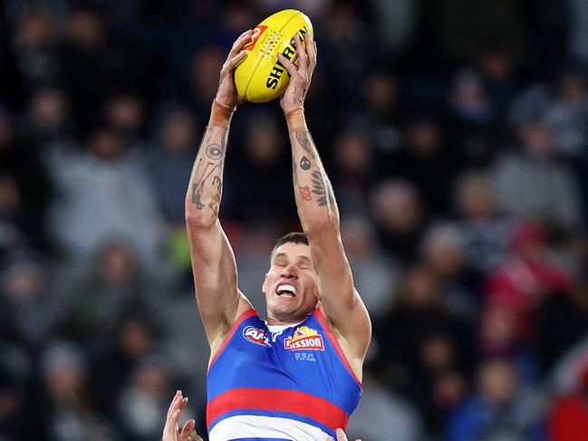 MELBOURNE, JULY 20, 2024: 2024 AFL - Round 19 - Geelong Cats V Western Bulldogs at GMHBA Stadium. Rory Lobb of the Bulldogs flies high. Picture: Mark Stewart