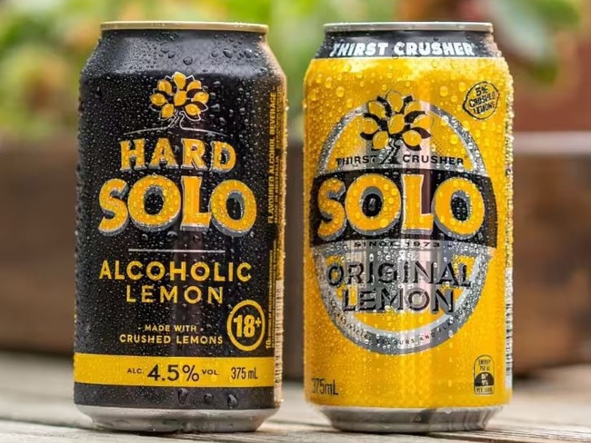 An alcoholic Hard Solo next to its namesake, a Solo soft drink.