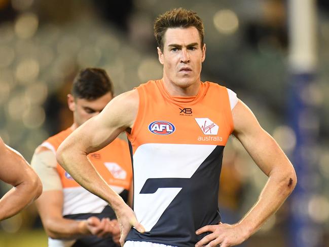 Jeremy Cameron of the Giants (centre) reacts after the Round 8 AFL match between the Hawthorn Hawks and the GWS Giants at the MCG in Melbourne, Sunday, May 12, 2019.  (AAP Image/Julian Smith) NO ARCHIVING, EDITORIAL USE ONLY