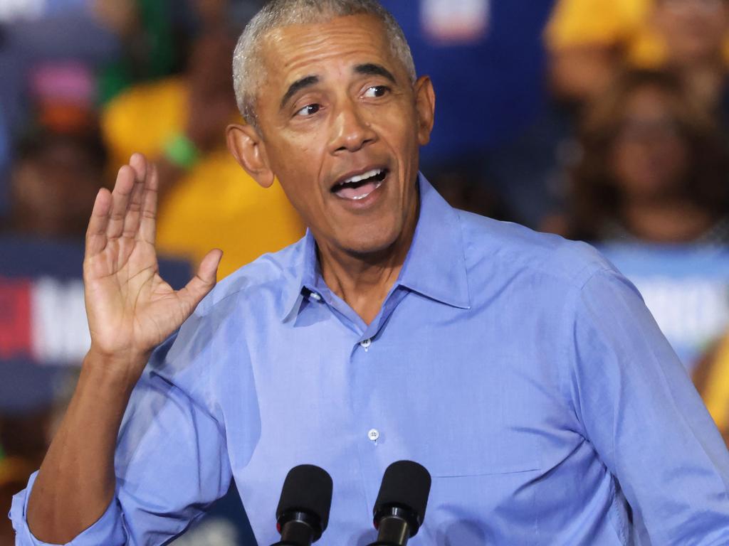 Barack Obama gestures to the crowd during the Georgia rally. Picture: Getty Images via AFP