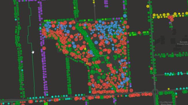 A screenshot of Burnside Council’s Urban Forest interactive map. The concentration of red dots represent the river red gums that prevail in popular Hazelwood Park, while blue dots are blue gums.