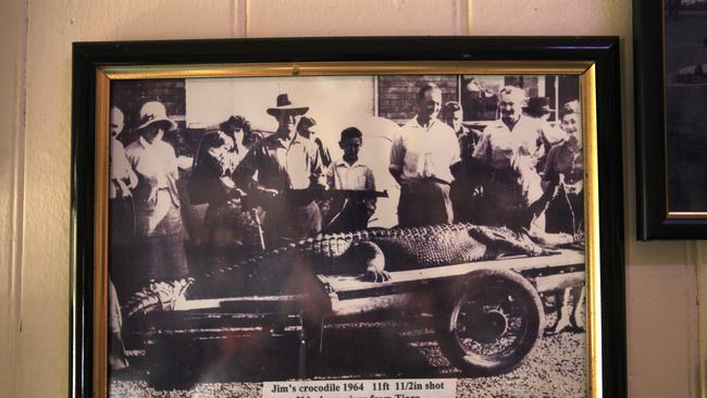 A copy of a photo at the Hideaway Hotel at Tiaro south of Maryborough, showing a crocodile which had been shot in the Mary River in 1964. h. Pics Tim Marsden