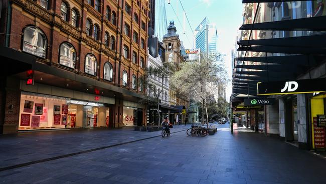 Sydney’s Pitt Street mall is all but deserted in lockdown. Picture: NCA NewsWire/ Gaye Gerard