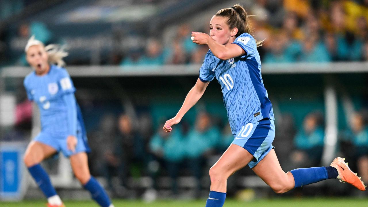 Ella Toone wheels away to celebrate her goal. (Photo by Izhar KHAN / AFP)