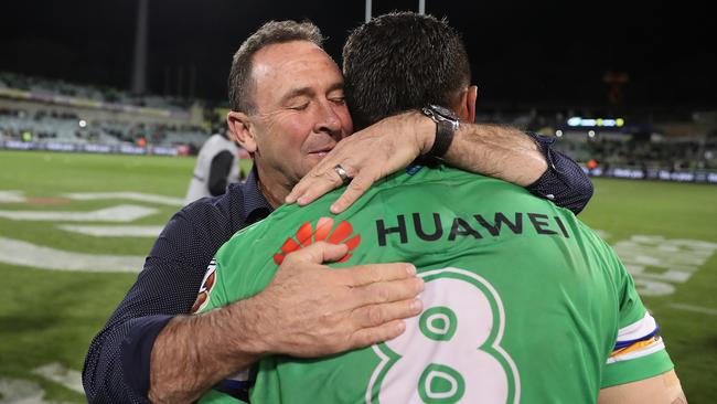 Canberra coach Ricky Stuart and Josh Papalii hug it out after this year’s preliminary final.