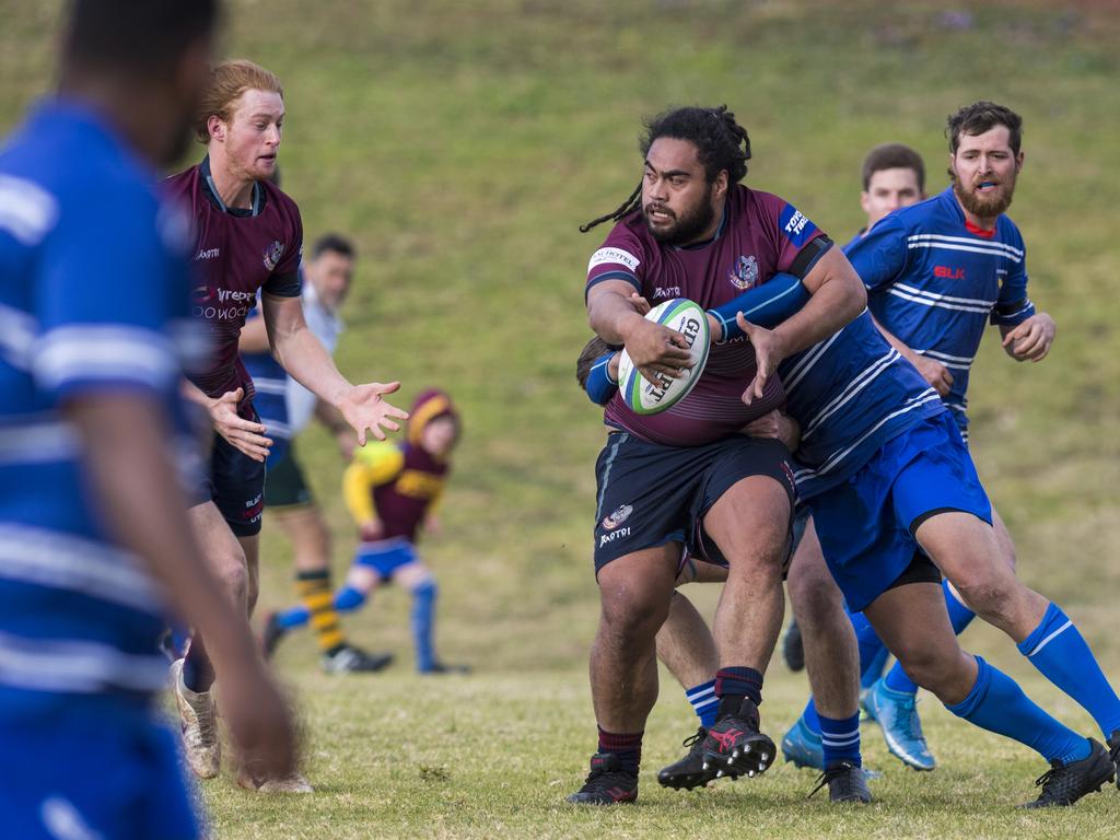 Brian Chong Nee looks to offload for Toowoomba Bears against USQ in Downs Rugby Risdon Cup round 11 rugby union at USQ, Saturday, June 19, 2021. Picture: Kevin Farmer
