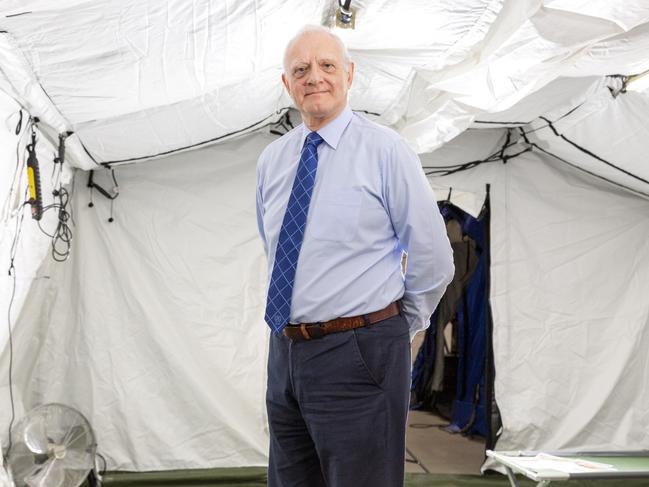 National Critical Care and Trauma Response Centre executive director Dr Notaras standing in a temporary hospital that can be established in any crisis scene in 24 hours.. Picture: Floss Adams.