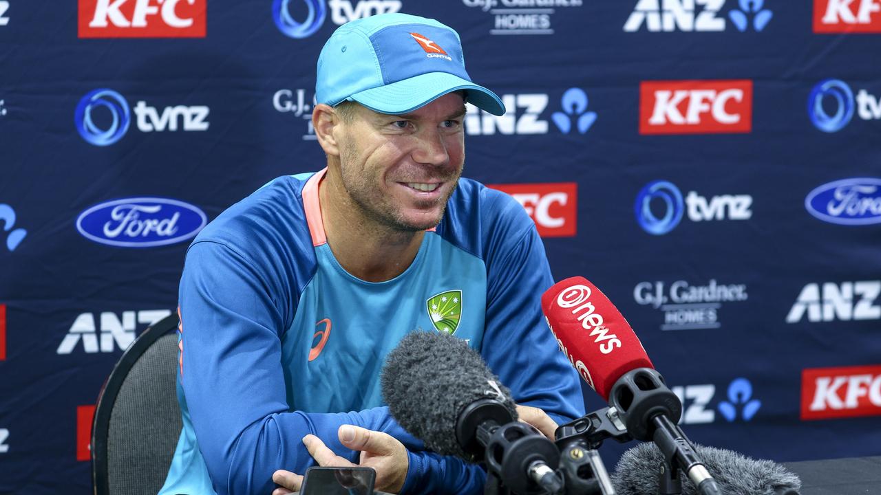 David Warner talks to media in New Zealand on his final tour there (Photo by Hagen Hopkins/Getty Images)