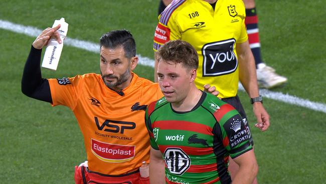 The Rabbitohs suffered an injury blow early, with Blake Taaffe failing his HIA. Picture: Fox League.