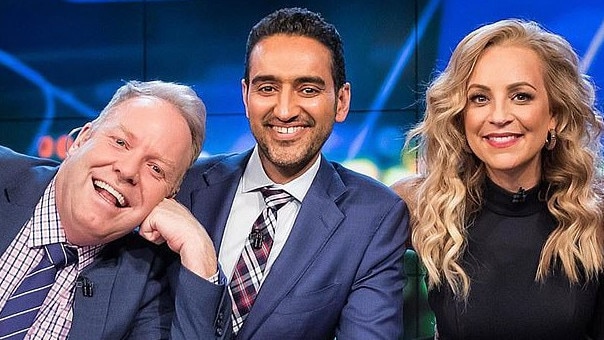 Peter Helliar with his Project co-hosts Waleed Aly and Carrie Bickmore.