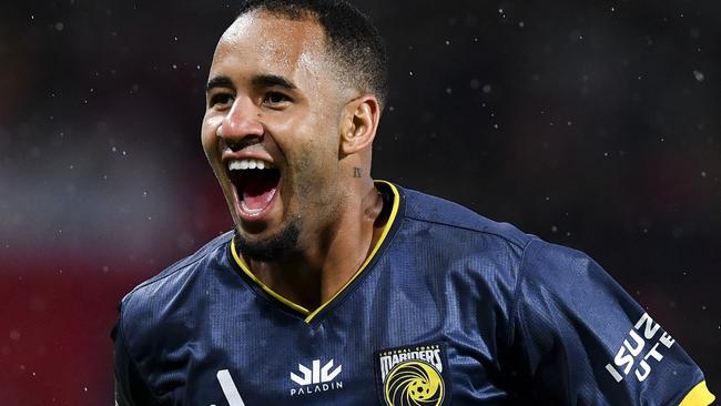 ADELAIDE, AUSTRALIA - APRIL 28: Marco TÃÂºlio of the Mariners celebrates after scoring his teams third goal during the round 26 A-League Men's match between Adelaide United and Central Coast Mariners at Coopers Stadium, on April 28, 2023, in Adelaide, Australia. (Photo by Mark Brake/Getty Images)