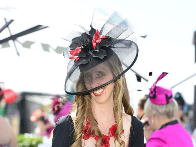 Hilary Manning all dressed up at Flemington Racecourse on Melbourne Cup Day 2014. Picture: Stephen Harman