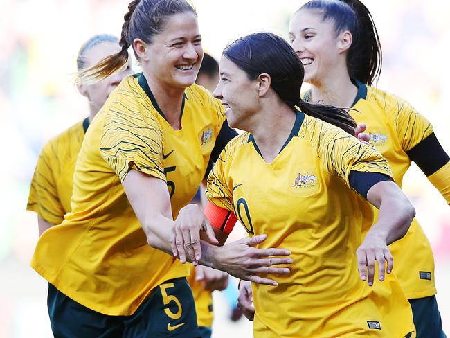 MELBOURNE, AUSTRALIA - MARCH 06: Sam Kerr of the Matildas (R) celebrates a goal with Laura Alleway of the Matildas during the Cup of Nations match between Australia and Argentina at AAMI Park on March 06, 2019 in Melbourne, Australia. (Photo by Michael Dodge/Getty Images)