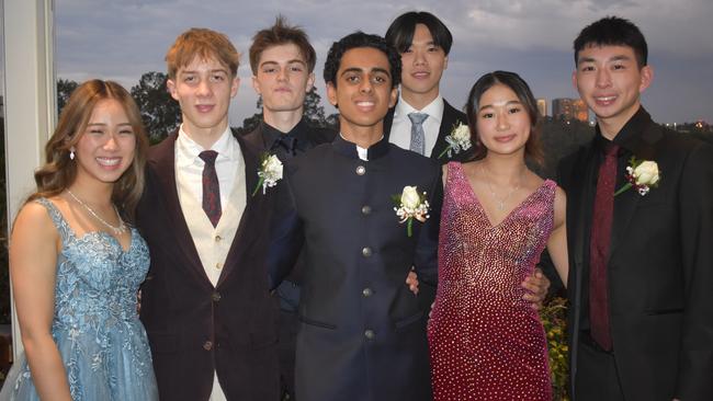Jeremy Lee, Annie Chen, Angela Nguyen, Jay Kwon, Mrygank Jhala, Louis Daley and Harper Mikkelsen at Queensland Academies Creative Industries formal.