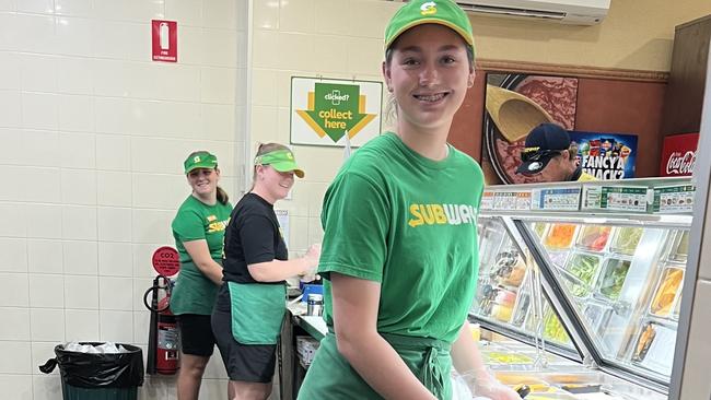 (From left to right) Molly Johnstone, Grace Johnstone and Evie Bacchiella work at Belinda Barnwell's Subway in Moranbah. Mrs Barnwell said she had suffered staff churn recently but 'everyone' in town lost workers to the mines. Picture: Belinda Barnwell.