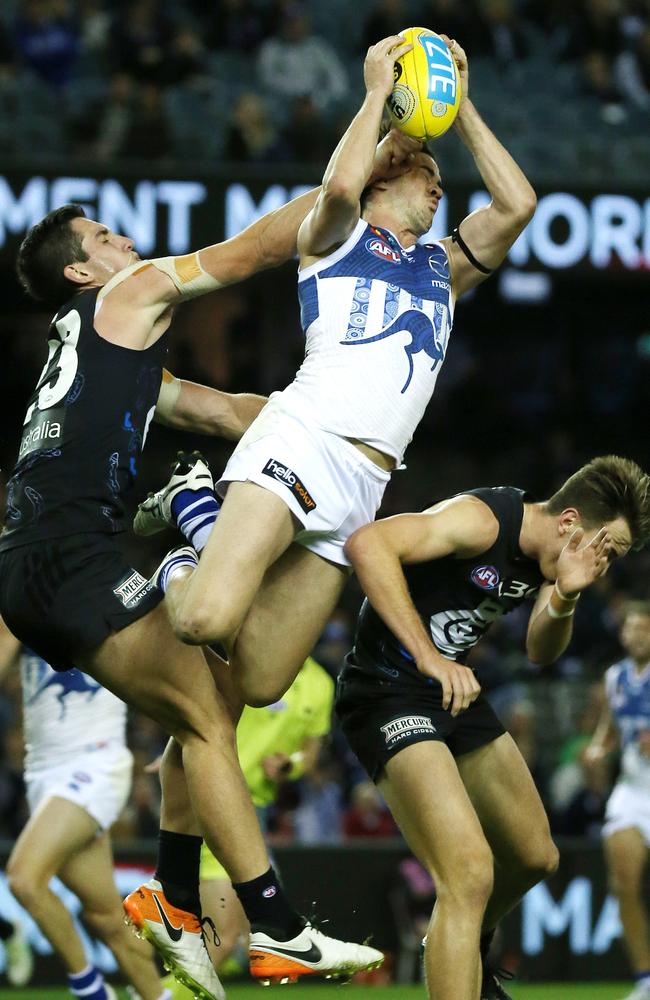 Taylor Garner flies for a mark against the Blues. Picture: George Salpigtidis