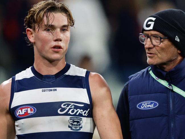 MELBOURNE, AUSTRALIA - MAY 04: Tanner Bruhn of the Cats is seen leaving the ground at half time during the 2024 AFL Round 08 match between the Melbourne Demons and the Geelong Cats at The Melbourne Cricket Ground on May 04, 2024 in Melbourne, Australia. (Photo by Dylan Burns/AFL Photos via Getty Images)