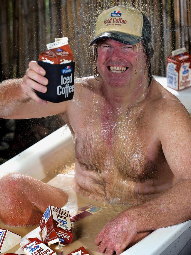 Ken Dickman baths in the nectar of the gods, Pauls Ice Coffee.