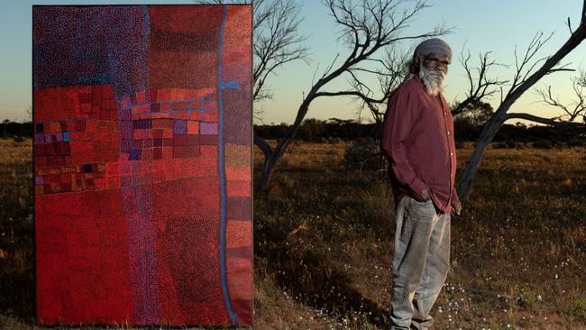 Indigenous artist Noli Rictor, winner of the 2024 Telstra Art Award, with his traditional creation painting, Kamanti. Picture: Philip Gostelow