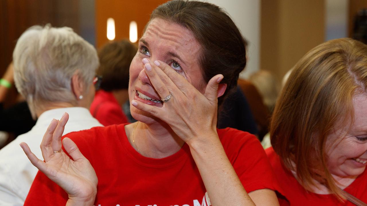 Rose Jackson MP who is in the Upper House, sheds a few tears in celebration. Picture: NCA NewsWire / David Swift