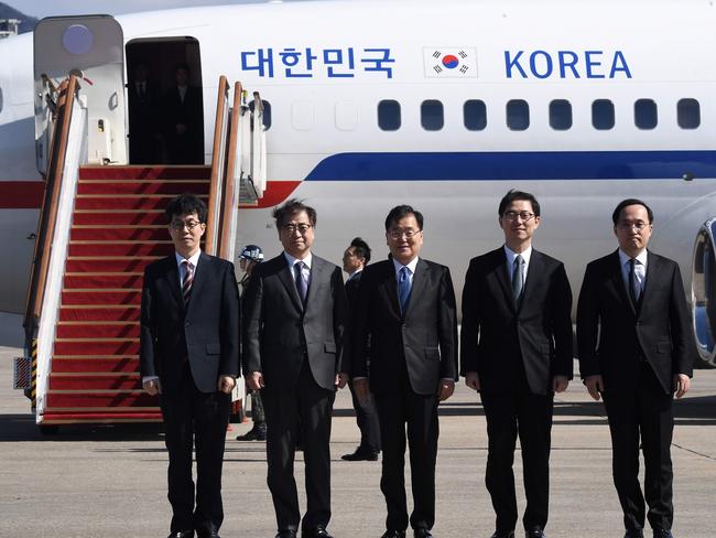 The South Korean delegation heading to Pyongyang for talks with Kim Jong-un. Picture: AFP/Jung Yeon-je