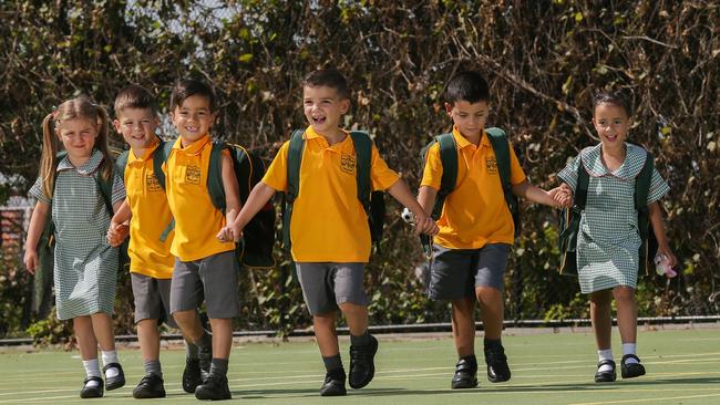 Twins Danielle and Joshua, Ethan and Mason, and Jack and Billie on their first day. Picture: George Salpigtidis