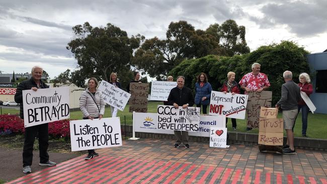 Residents against the Kangaroo Bay development protest outside a secret Clarence City Council Meeting on Monday December 21 2020