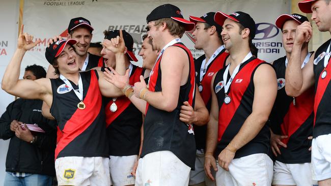 Riddell celebrates its most recent RDFL flag in 2013. Picture Josie Hayden