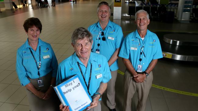 Cairns Airport ambassadors celebrated their 15th year volunteering at the airport, last year. Cairns Airport ambassadors Jan Cygler, Tony Peace, Simmer Vikesaa and Alex Edwards are ready to give assistance to arriving travellers. Picture: Stewart McLean