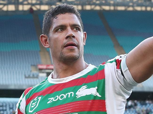 SYDNEY, AUSTRALIA - APRIL 02: Dane Gagai of the Rabbitohs thanks fans after winning the round four NRL match between the Canterbury Bulldogs and the South Sydney Rabbitohs at Stadium Australia, on April 02, 2021, in Sydney, Australia. (Photo by Cameron Spencer/Getty Images)