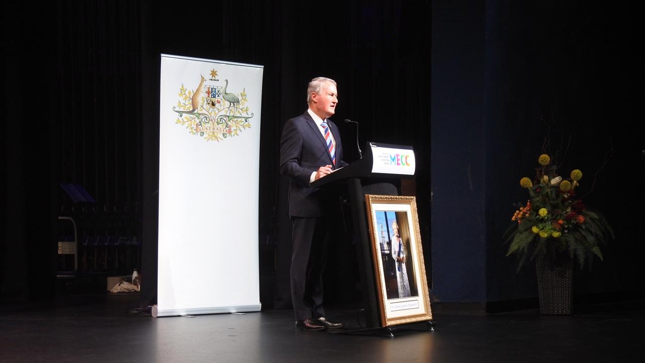 Mackay Mayor Greg Williamson welcomes Australia's newest citizens at the MECC on January 26, 2022. Picture: Duncan Evans