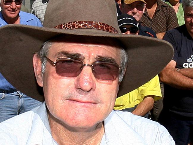 News BCM 11.9.07 Rocky Races. Trainer Jim Rundle (front) with other owners and trainers protest at the Rockhampton race track because they are unable to bring their horses to the track. Pic Peter Wallis