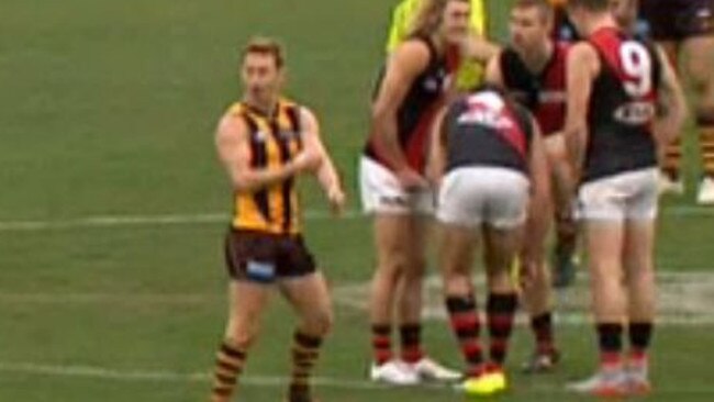 Mitchell taunting Essendon players by mimicking an injection. Picture: Fox Sports