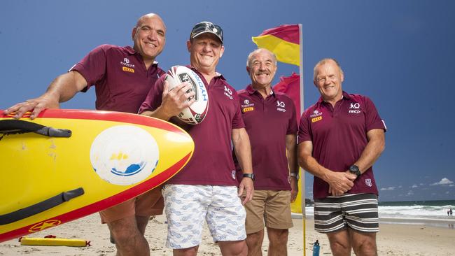 Origin greats Gorden Tallis, Kevin Walters, Wally Lewis and Trevor Gillmeister at Caloundra to launch Surf Life Saving Queensland’s summer safety campaign. Picture: Lachie Millard