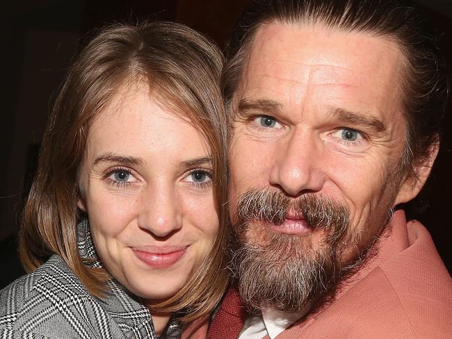 NEW YORK, NY - JANUARY 24:  (EXCLUSIVE COVERAGE) Maya Hawke and father Ethan Hawke pose at the opening night after party for the Roundabout Theatre Company's production of Sam Shepard's "True West" on Broadway at Brasserie 8 1/2 on January 24, 2019 in New York City.  (Photo by Bruce Glikas/Bruce Glikas/FilmMagic)