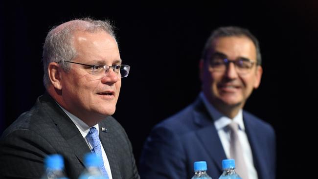 Prime Minister Scott Morrison with South Australian Premier Steven Marshall during the Liberal Party South Australian State Council meeting in Adelaide in September. Picture: NCA NewsWire / David Mariuz