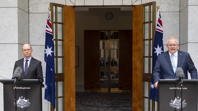 Prime Minister Scott Morrison and Chief Medical Officer, Professor Paul Kelly hold a press conference after the national cabinet meeting at Parliament House. Picture: NCA NewsWire / Martin Ollman