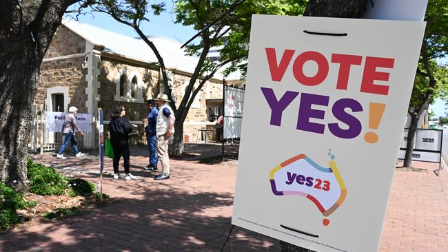 Yes23 signage at the Woodville Uniting Church polling place on October 14. Picture: NCA NewsWire / Morgan Sette