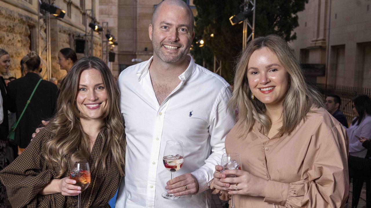 Jo Gale, Tom Carlton and Elle Msapenda from Kinney at the Adelaide Art Gallery, Adelaide Fashion Week. Picture: Kelly Barnes