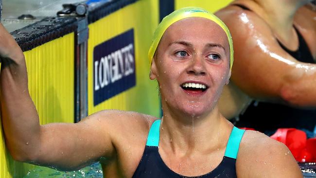 Teen sensation Ariarne Titmus celebrates her win in the 400m freestyle on Tuesday night.