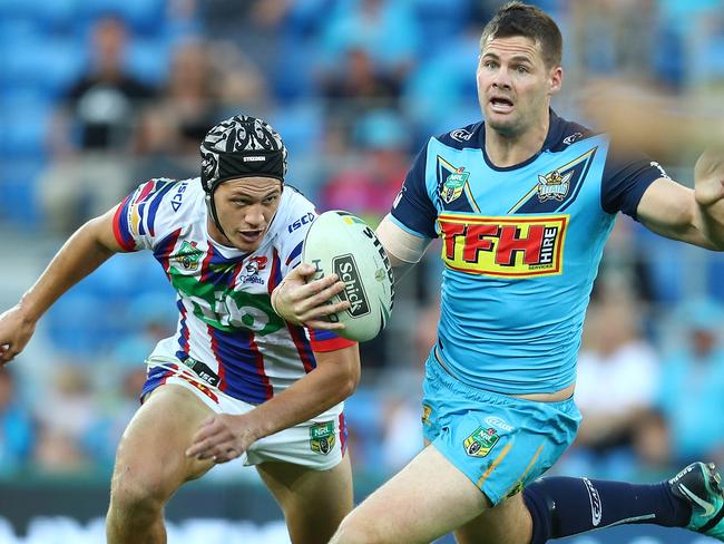 GOLD COAST, AUSTRALIA - MAY 19:  Anthony Don of the Titans runs the ball during the round 11 NRL match between the Gold Coast Titans and the Newcastle Knights at Cbus Super Stadium on May 19, 2018 in Gold Coast, Australia.  (Photo by Chris Hyde/Getty Images)