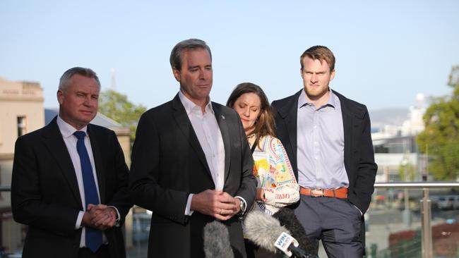 Michael Ferguson with his wife Julie, their son James and Premier Jeremy Rockliff announces he is stepping down as Deputy Premier and Treasurer. Picture: Craig Herbert