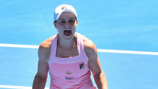 Ash Barty celebrates her epic win in the fourth-round match against Maria Sharapova. Picture: AAP