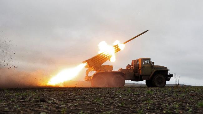 A BM-21 'Grad' multiple rocket launcher fires towards Russian positions on the front line near Bakhmut, Donetsk region.